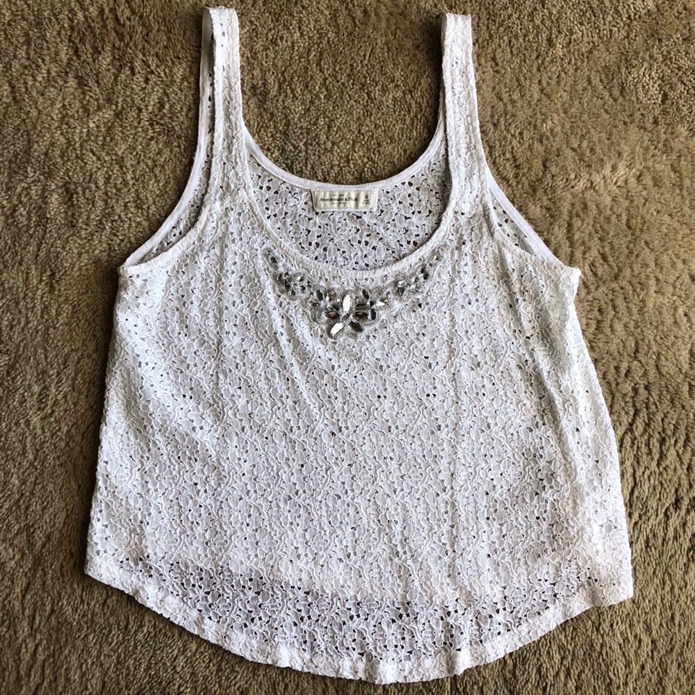 White Lace Jeweled Neckline Tank